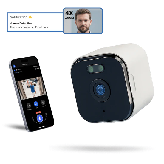 Thrumina camera with phone app showing human detection and 4X zoom